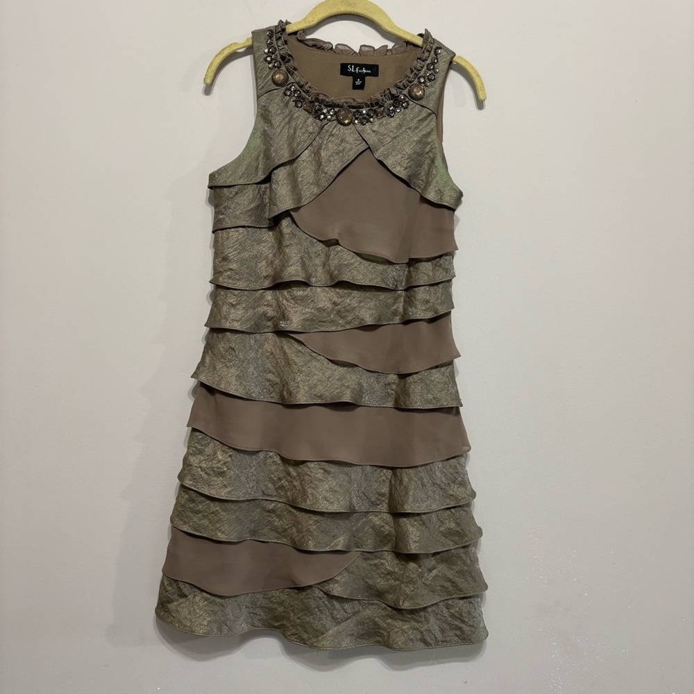 SL Fashions Women's Gold and Brown Layered Mini Dress